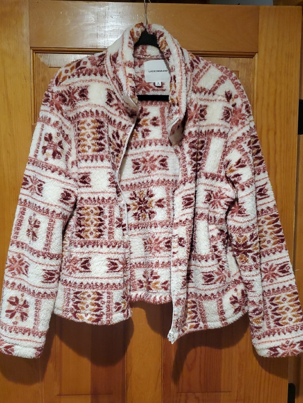 Lucky Brand Cream and Rust Patterned Teddy Fleece Jacket